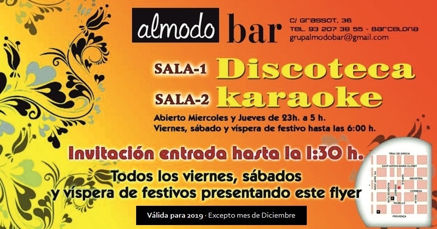 Flyer Invitación 2019 Sala Almodobar Discoteca y Karaoke en Barcelona